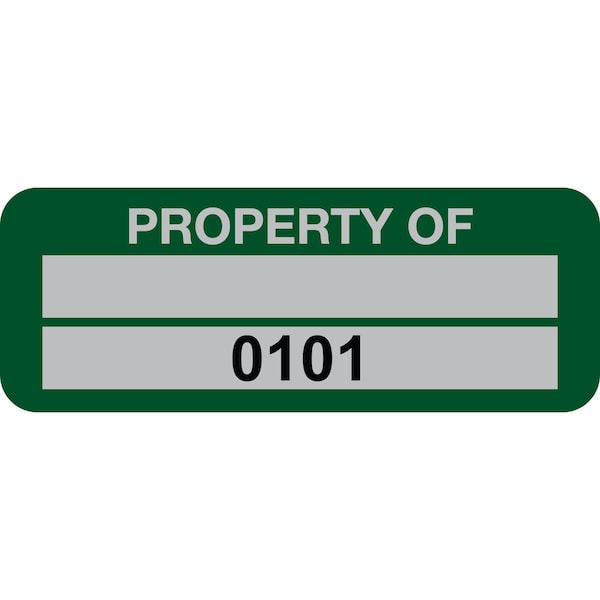 Lustre-Cal Property ID Label PROPERTY OF 5 Alum Green 2in x 0.75in 1 Blank Pad & Serialized 0101-0200, 100PK 253740Ma2G0101 - main